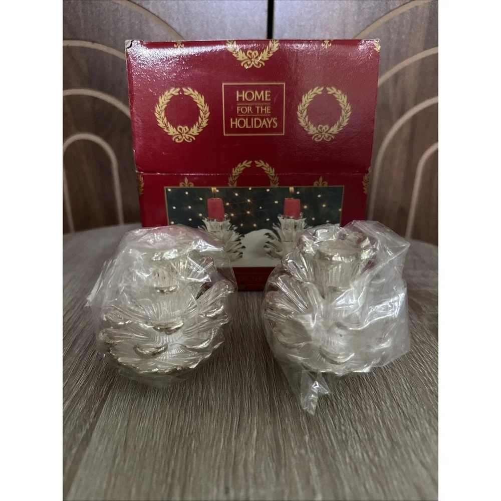 Vintage Silver Plated Christmas Candleholders Set of Two Pine Cone (NIB) 1997